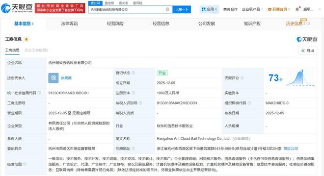 螞蟻集團在杭州成立云帆科技公司，注冊資本1000萬元聚焦計算機軟硬件批發